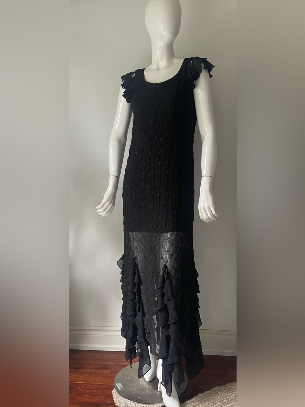 vintage barketti J.Kaur Black Ruffle Hem Evening Dress Sheer Floral Formal Gown - Picture 5 of 10